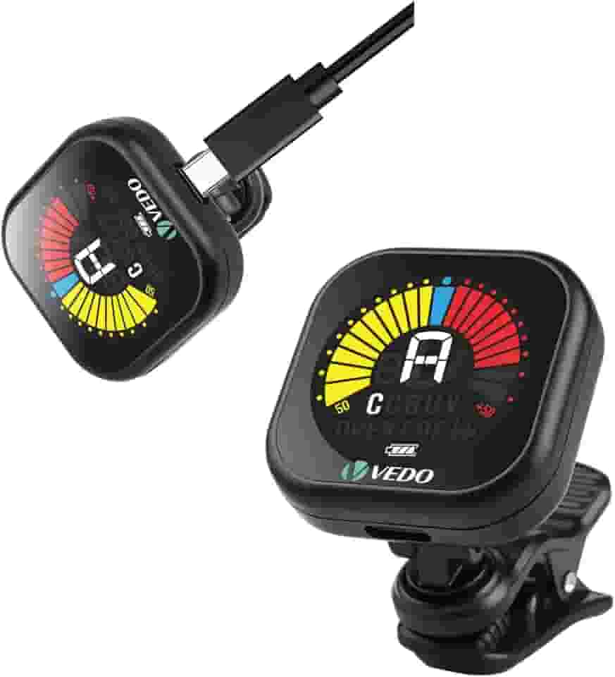 VEDO Afinador Recarregável para Guitarra, Violão, Baixo, Ukulele e Violino - Display LCD de Alta Precisão, Bateria de Lítio com 20 Horas de Duração, Modo Cromático, Cabo USB Tipo-C Incluso (1)