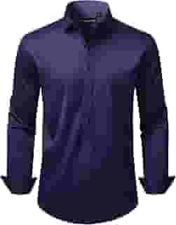 Camisa social masculina de manga comprida, elástica, sem rugas, caimento justo e formal de botão