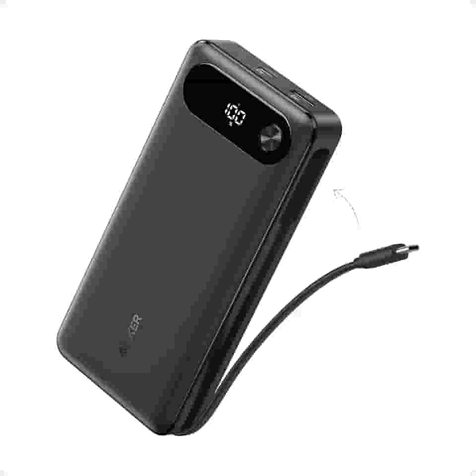 Anker Power Bank, 20.000mAh Carregador Portátil para Notebook com Cabo USB-C Integrado, 3-Portas 87W Máx Carregamento Rápido, Compatível com MacBook, iPhone 16/15, Samsung, Switch e Mais