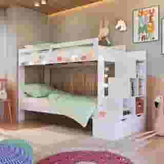 Cama Beliche Infantil Bicama Menino Menina 2,32m com Escada, Nichos e Gavetas