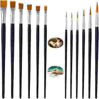 Kit 12 Pincéis para Pintura, 6 Ponta Fina Redonda e 6 Ponta Chata, para Aquarela, Óleo, Acrílica e Artesanato