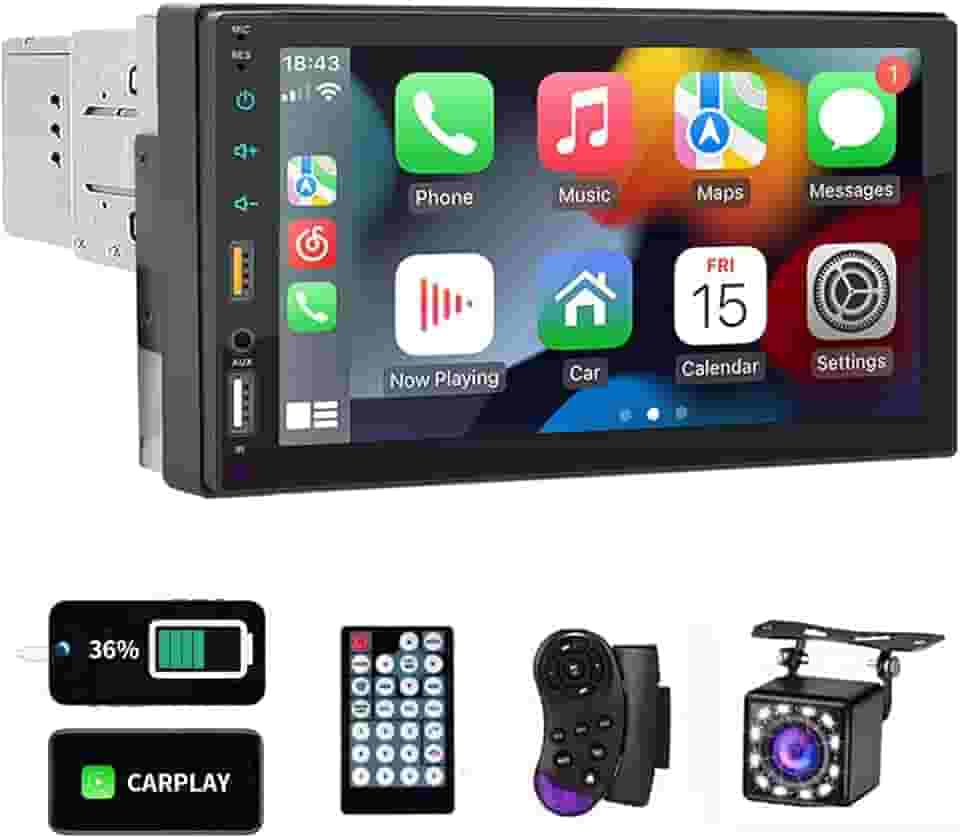 Monitor Estéreo Automotivo 7 Polegadas com CarPlay Sem Fio, Câmera de Ré, BT 5.1 e Tela Touch HD - Compatível com Android e iPhone - Para Carros, Caminhões e Veículos Recreativos