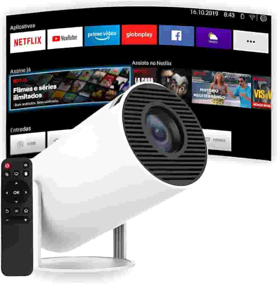 Mini Projetor Portátil 5G Wi-Fi 6 Bluetooth 5.0 Android 11 4K 1080P Full HD 8000 Lumens LED Auto Correção Trapezoidal Horizontal Rotação 180° Ideal para Projeções Cinemáticas