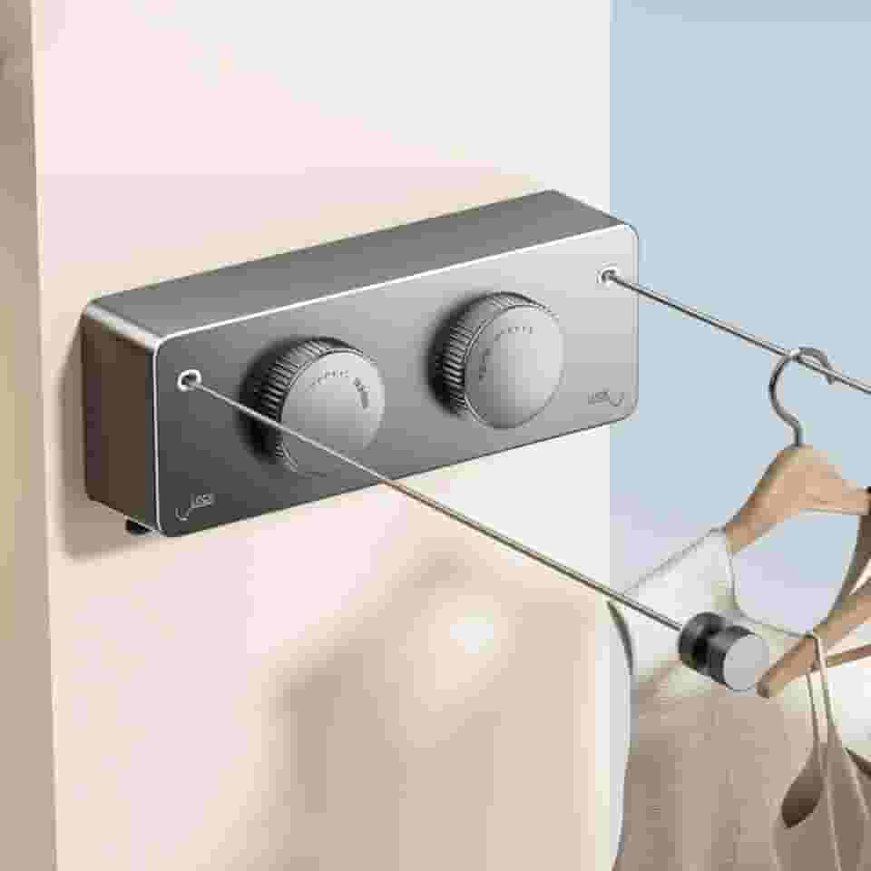 Varal Retratil de Parede Aço Inoxidável Corda Varal de Roupa Ajustável Até 4.2 m Varal Retratil de Parede Recolhível À Prova D'água e Antiferrugem Com Duas Linhas Cinza