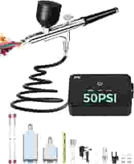Kit de aerógrafo com compressor de ar, escova de ar de alta pressão de 50 PSI com conjuntos de bocal/limpeza de 0,2/0,3/0,5 mm, ideal para modelagem, pintura, unhas, maquiagem e decoração de bolos