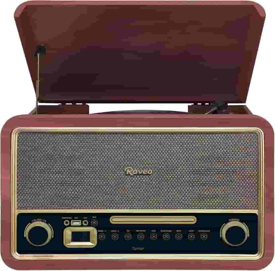 Raveo Vitrola Turner com Toca-discos de 3 velocidades, Rádio FM, CD e Cassete players, USB (reproduz e grava), entrada e saída auxiliares e tecnologia de conexão Bluetooth.