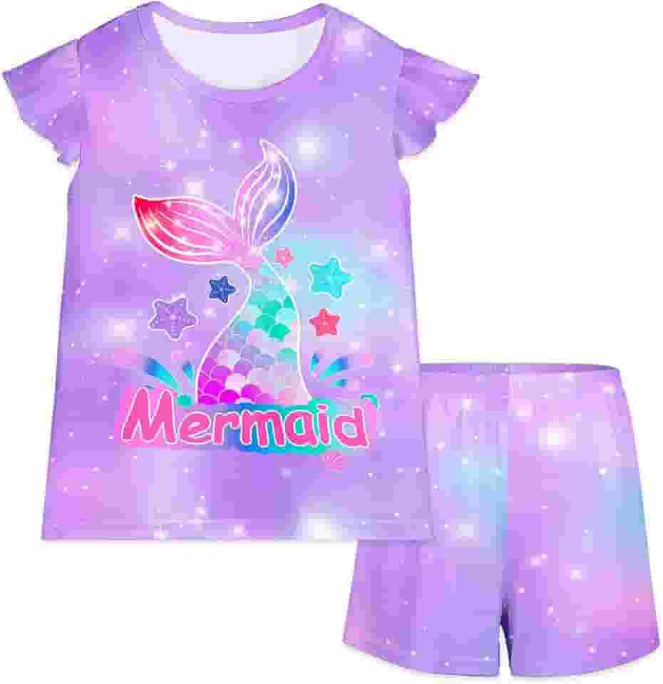 Conjunto de pijama infantil para meninas, 2 peças, conjunto de pijama infantil esvoaçante de manga curta