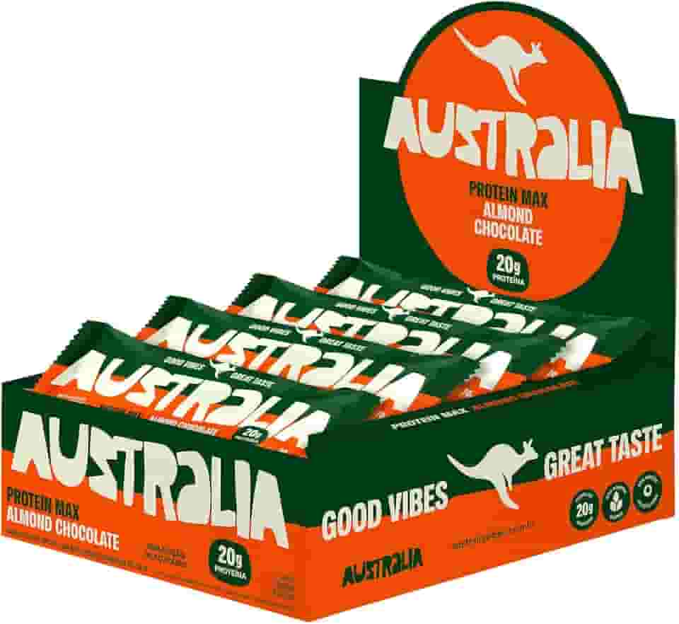 Australia Protein Max Almond Chocolate 70g, Barra de Proteína, Sem Glúten, Lactose e Açúcar Adicionado, Snack Saudável Plant-Based (12 unidades)