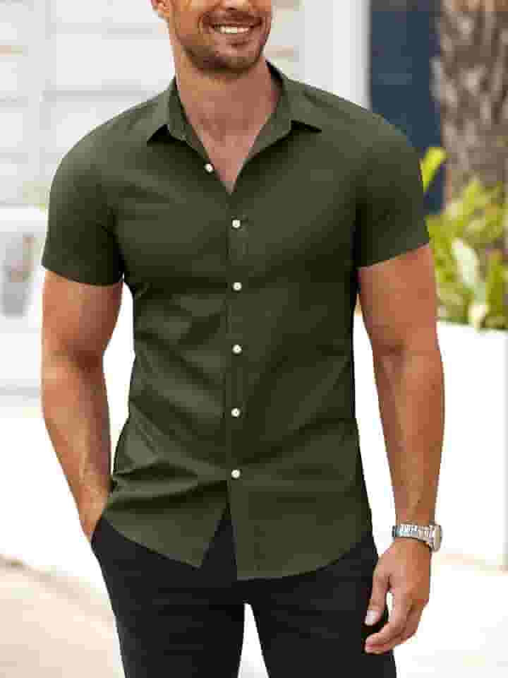 Camisa social masculina com ajuste muscular, sem rugas, manga curta, casual, abotoada