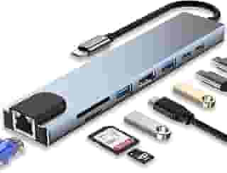 Adaptador Hub USB-C 8 em 1 com HDMI 4K Premium, VGA, RJ45 Gigabit, PD 100W, 2 USB 3.0, SD/TF – Conversor Multiportas Versátil para Notebook, MacBook, Tablet e Smartphone