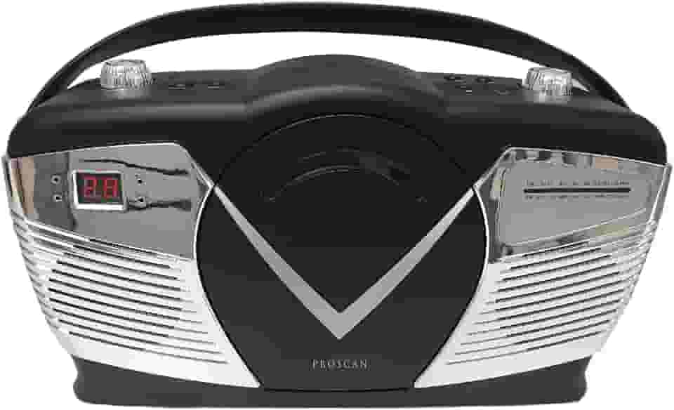 Sylvania Caixa de CD portátil estilo retrô com rádio AM/FM - CD de carregamento superior - entrada auxiliar - compatível com CA e bateria - tela LCD - alça de transporte