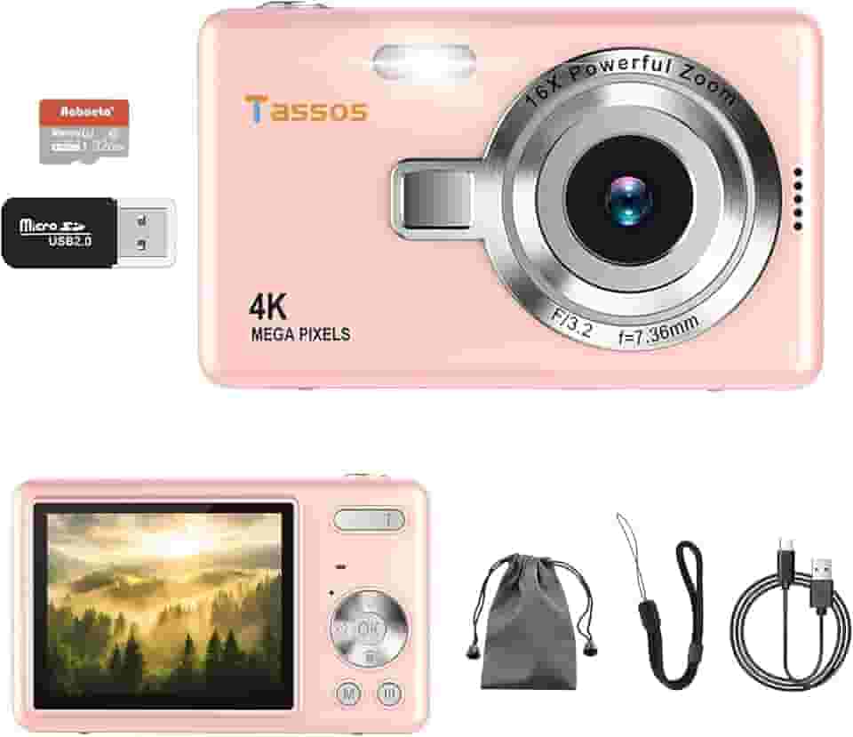 Câmera digital 1080P FHD 4k com tela LCD de 2,4", compacta e portátil para vlogs e fotos, com cartão SD de 32GB e zoom digital de 16x para adolescentes, estudantes e iniciantes. (Rosa)