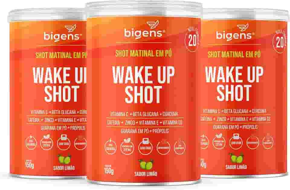 Wake up shot, vitamina c, própolis, gengibre, cúrcuma, guarana e zinco, Sabor Limão, 150g, Bigens (Kit 3)