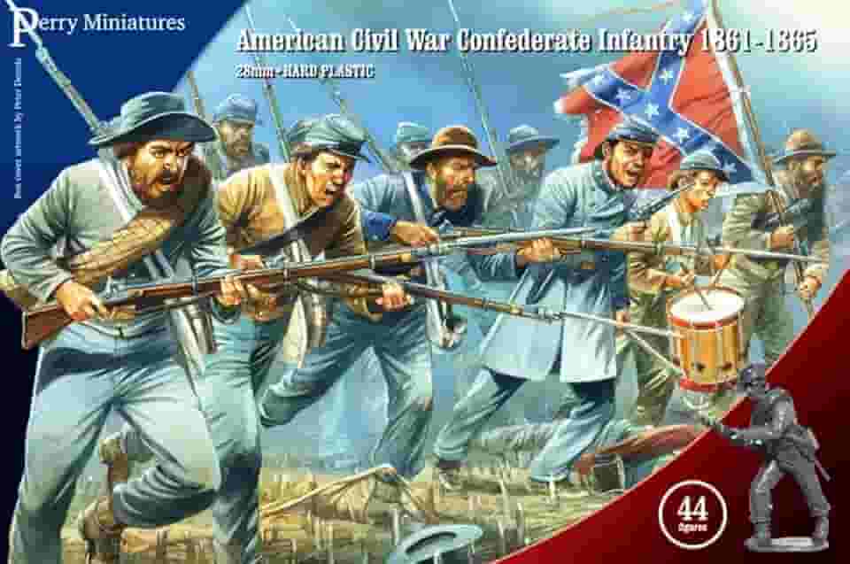 Kit de soldados de brinquedo de plástico 28 mm Guerra Civil Americana CSA Infantaria 1861-65 44 figuras modelo com bandeiras conjunto de jogos de guerra