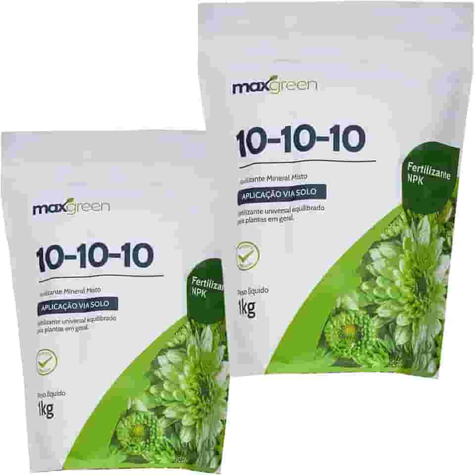 Kit 2 Fertilizante 1kg Maxgreen 10-10-10, Adubo Mineral Misto, NPK Equilibrado, Uso Universal, Pacote Pouch