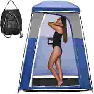 KingCamp Tenda de mudança de banheiro portátil grande para acampamento com bolsa de chuveiro, box de chuveiro ao ar livre, 1 quarto, barraca de banheiro azul para acampamento