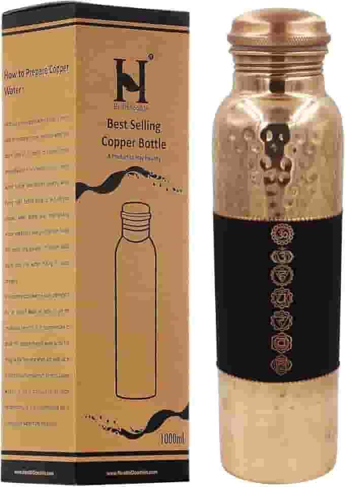 Garrafa de água de cobre puro sem forro, sem revestimento e sem lacre para benefícios de saúde ayurvédicos, 1000 ml (7 chakras)