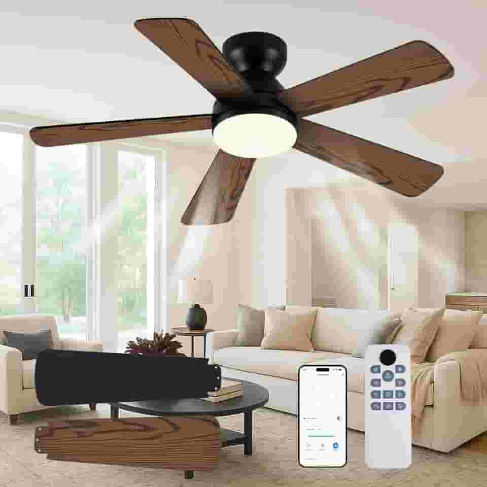 Hivento Ventilador de Teto com Luz LED de 3 Cores, Seis Velocidades, Controle Remoto/Aplicativo, Motor Reversível Silencioso, Ventiladores Teto para Quartos, Preto