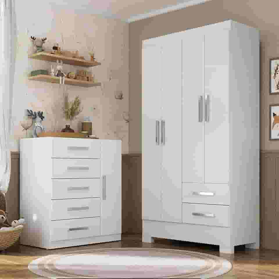 Quarto Infantil Completo Guarda Roupa 4 Portas 2 Gavetas com Cômoda Amy Espresso Móveis Branco