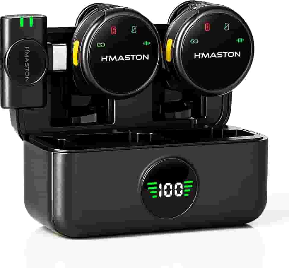 Microfone Lapela Duplo Sem fio – Redução de Ruído, Case Carregador, Tipo C compatível com Android/Iphone 15/16/17, kit com 2 microfones, com display, Ideal para Vlog, Live, Entrevista, YouTube.