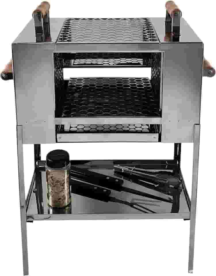 Churrasqueira para Apartamento Ecológica sem Fumaça 2 Andares Aço Inox 2 Grelhas Pé Grande