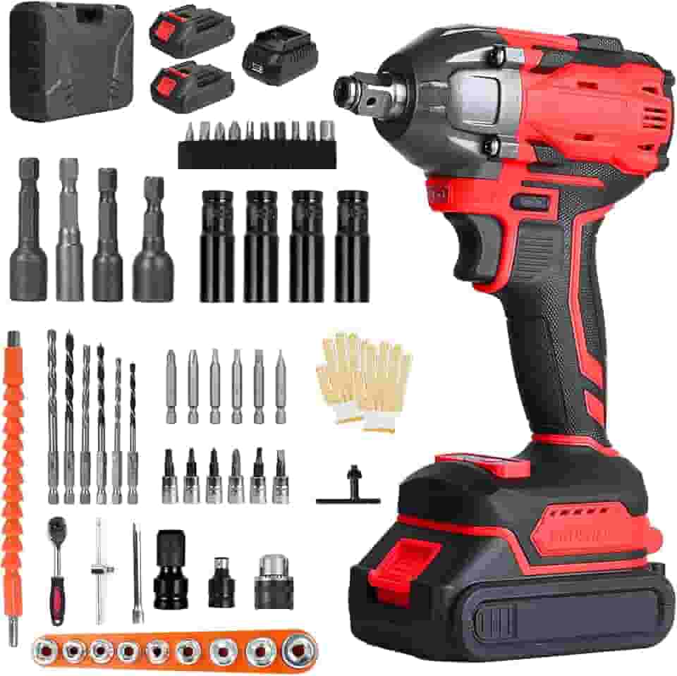 Chave de Impacto Elétrica 48V com 2 Bateria, 55 Peças, Alta Velocidade Até 3000 RPM, Furadeira de Impacto Multiuso de 600N com Cabo de Borracha e Carregador, Parafusadeira e Furadeira