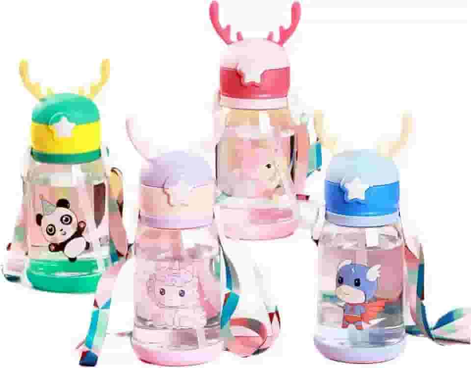 Garrafa Infantil Água Alce Fofa com Canudo com Alça Ideal Para Escola e Passeios Portátil Antivazamento Hidratação Segura Crianças (Roxo)