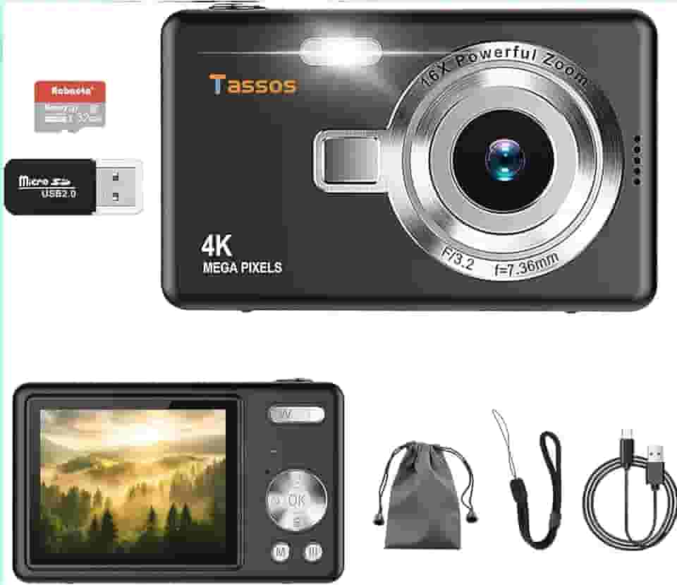 Câmera digital 1080P FHD 4k com tela LCD de 2,4", compacta e portátil para vlogs e fotos, com cartão SD de 32GB e zoom digital de 16x para adolescentes, estudantes e iniciantes. (preto)