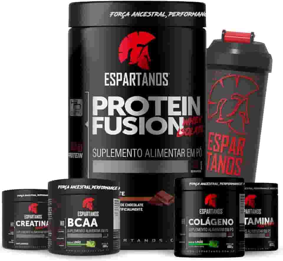 Whey Protein Fusion Chocolate 900g + BCAA + Creatina + Glutamina + Colágeno + Coquteleira - Espartanos