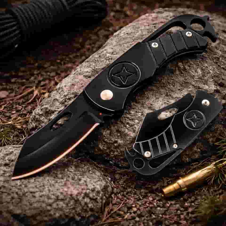 Canivete Dobrável Inox Preta 69 g – Compacta, Leve e Multifuncional – Lâmina Cleaver Corta Corda, Trava Liner, Gancho para Cordão, Uso Militar, Trilha e Urbano com Design Ergonômico Antiderrapante