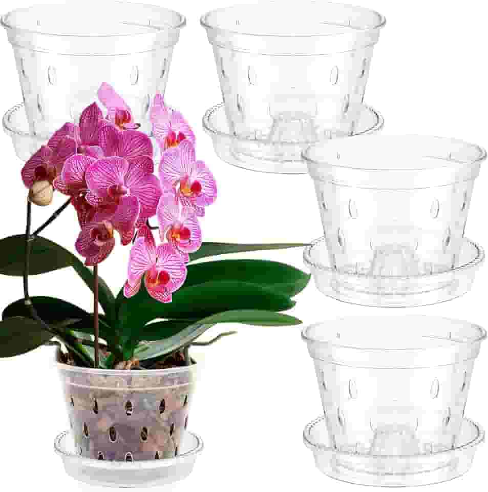Vaso de orquídea de 5 peças para replantar vasos de orquídeas transparentes de 11 cm com furos e pires, vaso de orquídea de plástico resistente, vaso de flores respirável para berçário