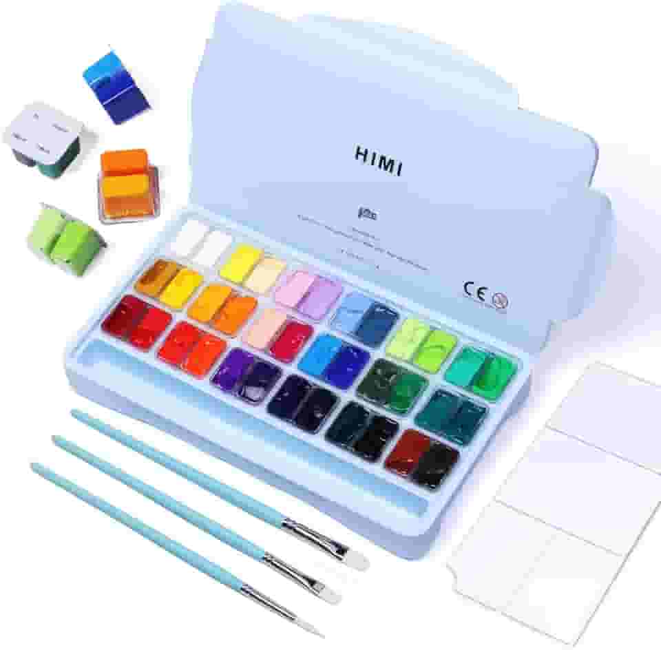 Conjunto de tinta guache HIMI, 36 cores x 12 ml design de copo de gelatina duplo com 3 pincéis de tinta e uma paleta em um estojo de transporte, perfeito para artistas, estudantes, pintura em aquarela opaca guache