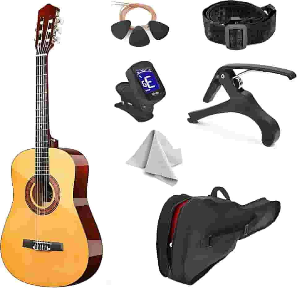 VEDO Kit de guitarra acústica para iniciantes de 39 polegadas, toda em madeira, com capa, 3 palhetas, cordas de nylon e guitarra acústica de cordas de nylon.