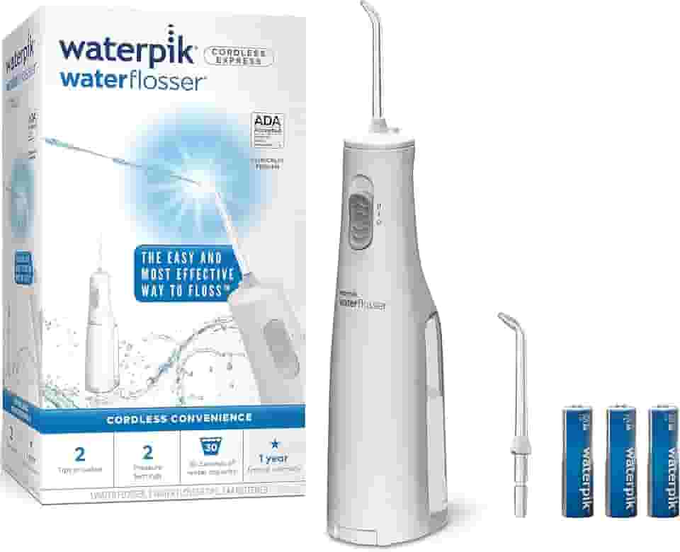 Waterpik Fio dental expresso sem fio, operado por bateria e portátil para viagens e casa, aceito pela ADA, impermeável para uso no chuveiro, branco WF-02, embalagem pode variar