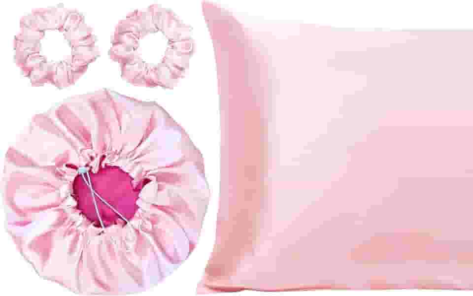 Kit 1 Fronha De Cetim Seda + 1 Touca Dupla Face + 2 Xuxinhas (Pink/Rosa)