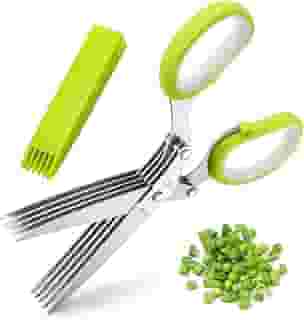 Tesoura de ervas X-Chef, tesoura multiuso de 5 lâminas para cozinha, cortador de ervas com tampa de segurança e pente de limpeza para cortar manjericão, salsa, aço inoxidável