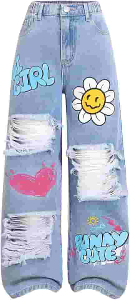 Calça jeans feminina com estampa de coração, rasgada, folgada, reta e larga