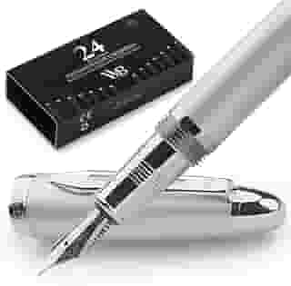 Wordsworth & Black Majesti Caneta-tinteiro (prata), capa de luxo, acabamento em ouro 24K; cartuchos de tinta de ponta média dourada 18K, conversor de tinta recarregável, caneta de caligrafia, melhor conjunto de presente de negócios para homens e mulheres