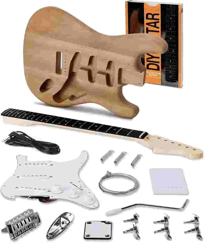 VEDO Kit de guitarra elétrica ST para montar, corpo em mogno/braço em maple, guitarra elétrica de 6 cordas, kit de guitarra DIY, escala em pau-roxo, captadores SSS, guitarra estilo ST para iniciantes