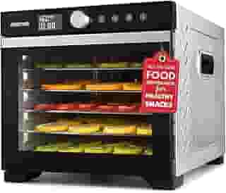 Gourmia - Desidratador digital de alimentos, 6 bandejas de aço inoxidável, fluxo de ar de 360°, predefinições de um só toque, temperatura ajustável de 100 a 160 °F, temporizador, porta de vidro