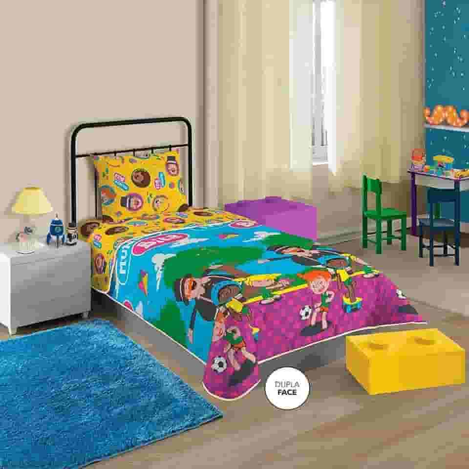 Edredom Dupla Face Microfibra Solteiro Estampado Mundo Bita 1,50 m x 2,20 m Com 1 peça, Lepper, Amarelo