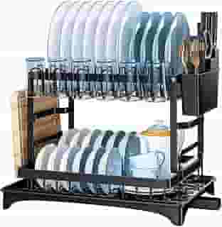 Escorredor de Louça Completo em Aço Carbono Organizador Escorredor de Pratos Inox, Suporte para Talheres, Copos, Tábuas, Facas e Bandeja de Drenagem de Água