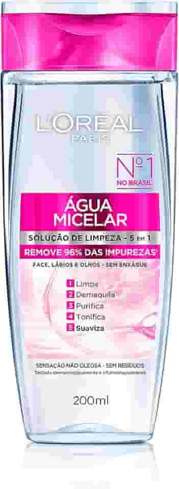 L'Oréal Paris, Água Micelar Solução de Limpeza 5 em 1 Limpa, Demaquila, Purifica, Suaviza e Reequilibra, Cuidado Diário Multifuncional para Todos os Tipos de Peles 200ml