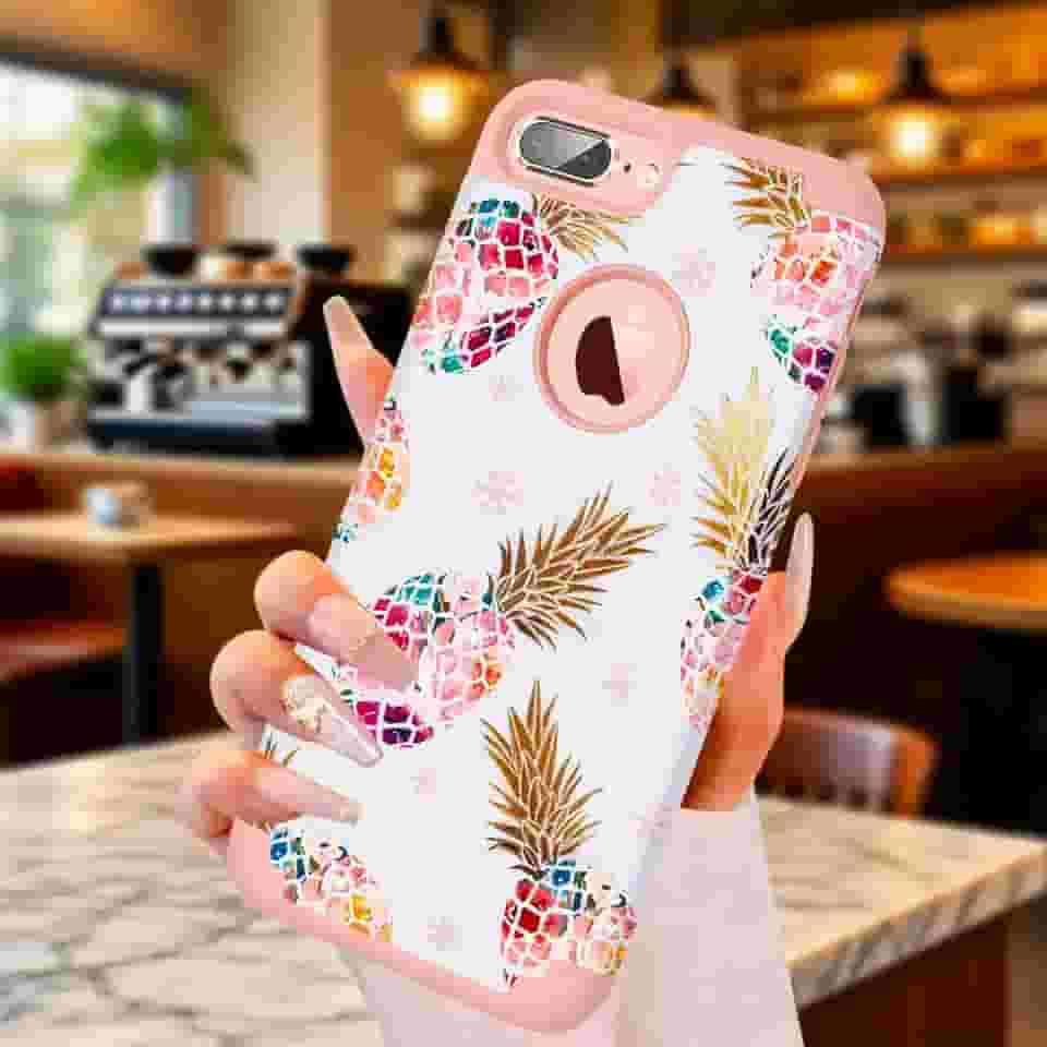 Capa para iPhone 8 Plus, capa para iPhone 7 Plus, 2 em 1, estampa floral de abacaxi brilhante, rígida, de silicone, fina, antiarranhões, à prova de choque, capa protetora completa para iPhone 8/7 Plus