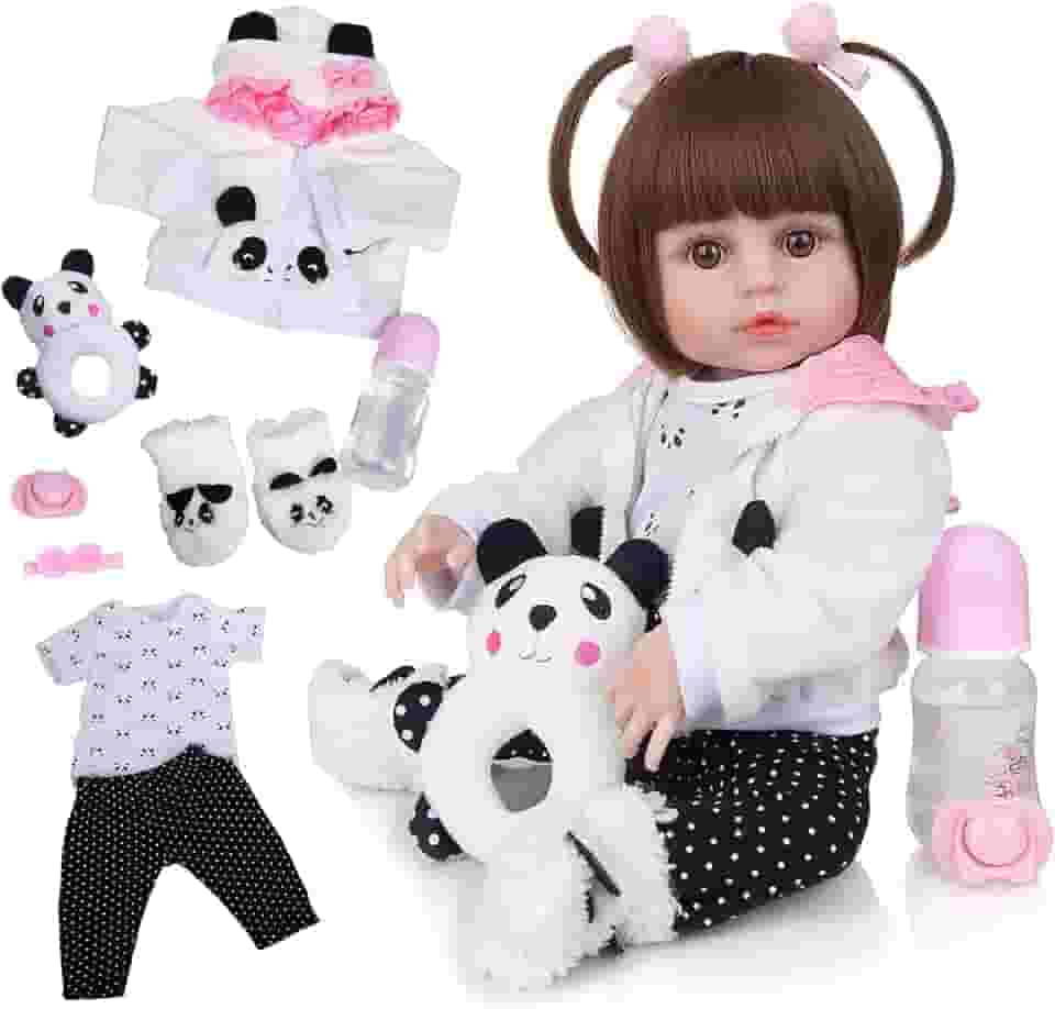 Bebê Reborn Boneca Menina de Silicone Original Pode dar Banho (Menina Panda 48cm)