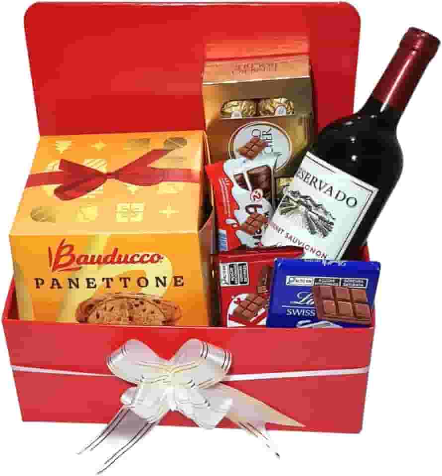 Cesta Natal Premium Com Panetone, Chocolate Suíço, Vinho