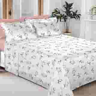 Jogo de Cama 100% Algodão 300 Fios Percal Lençol Antiácaro Respirável Toque Macio, 4 Peças - Bem Lunar (Rosa Floral, Queen)