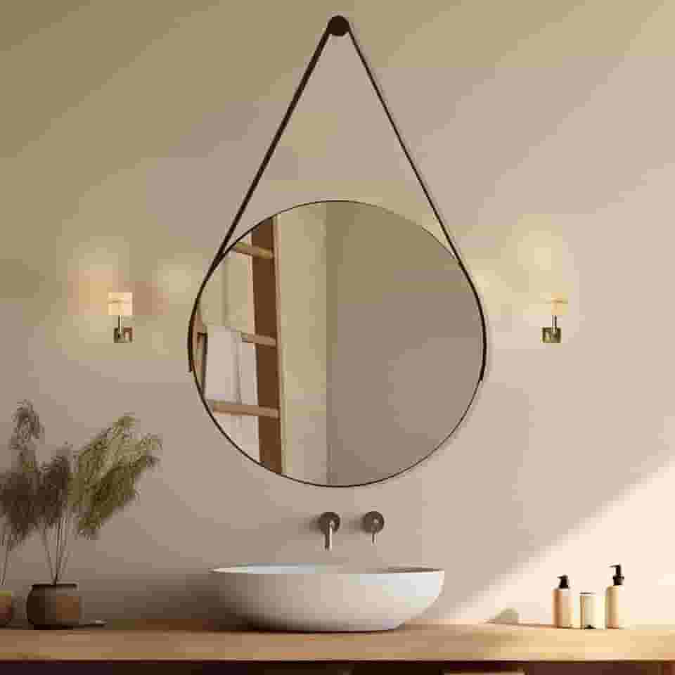 Espelho Redondo 60cm Adnet com Alça de Couro Decoração Moderna para Banheiro Sala ou Quarto (Caramelo)