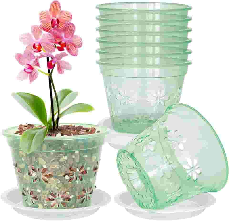 Pote de orquídea, pacote com 8 potes de orquídea com furos e pires, vaso de plástico transparente para repotting, vasos de ventilação respirável para orquídeas Phalaenopsis, Dendrobium e