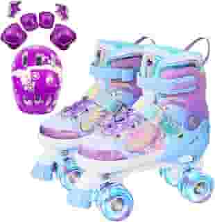 Patins Infantil 4 Rodas, Patins Quad, Patins Infantil Menina, Ajustável em 4 Tamanhos, com Bolsa e Kit Proteção (Quad Borboleta + Kit Proteção, M (32 ao 35))